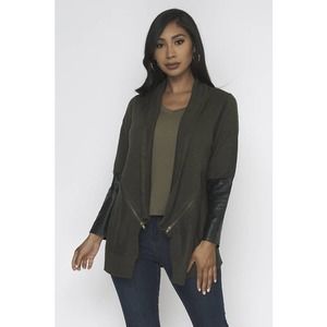 Olive Green Faux Leather Sleeve Cardigan